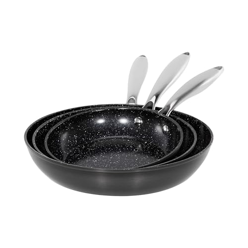 Kitchen Academy Bratpfannen Set 3-teiliges, Pfanne Keramikbeschichtung, Keramikpfanne, Edelstahlgriff, Antihaftbeschichtete Bratpfanne, Edelstahl-Kochgeschirr, 20,24,28cm, Schwarz