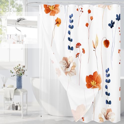 Gibelle 3 in 1 Orange Navy Watercolor Floral Shower Curtain Set, 72x72