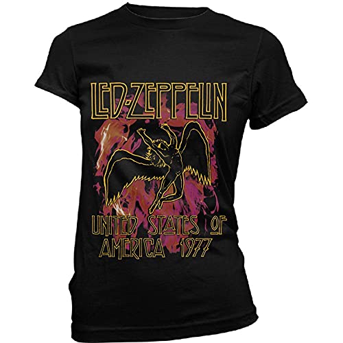 LED Zeppelin T Shirt Noir Flames Band Logo Nouveau Officiel Femme Skinny Fit Size L - Les Beatles, Paul McCartney, John Lennon, RIngo Starr, George Harrison LED Zeppelin T Shirt Noir Flames Band Logo Nouveau Officiel Femme Skinny Fit Size L