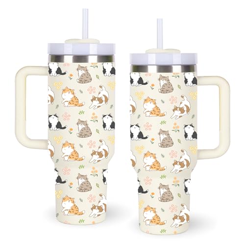 momocici Cats & Flower Tumblers.40oz Cats&Flower Tumbler with Handle Gifts