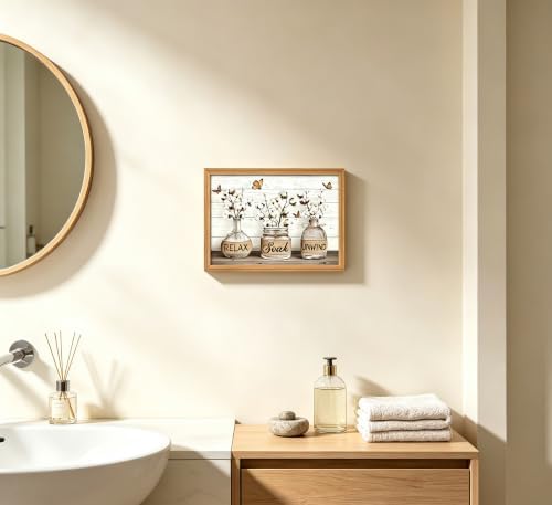 Framed Farmhouse Bathroom Canvas Wall Art Brown Rustic Cotton Flower Painting Picture Wall Decor Modern Relax Soak Unwind Sign Poster Print Artwork for Living room Restroom Home Decoration - 4