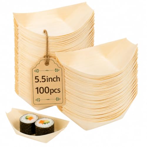 jojofuny 100pcs Disposable Bamboo Sushi Boat Plates Mini Wooden Food Trays
