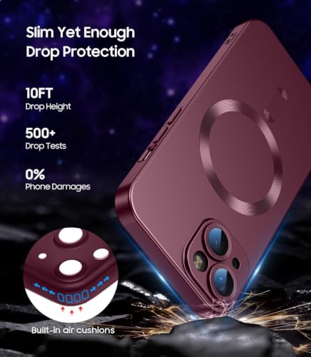 Image of DIZORO Magnetic Case for iPhone 15 Compatible with MagSafe Built-in Camera Lens Protector Slim Soft Silicone Bumper Shockproof Metallic Luster Back Cover Phone Case Wine Red