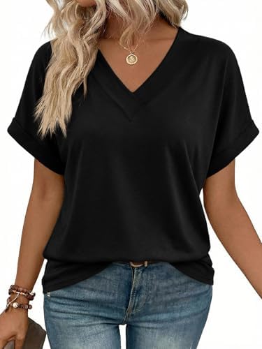 Cicy Bell Damen T Shirt Oversize Oberteil V-Ausschnitt | Longshirt,Tunika,Sommer,Sport ,Basic,Baumwolle Top,Lang,Bluse,Casual,Locker,Kurzarm