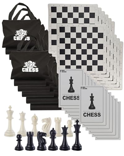 WE Games Tournament Chess Set – Chess Board for Adults with 34 Pieces, Roll-Up Vinyl Board, Accessories & Travel Bag - Set of 12, Black & White