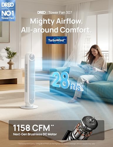 DREO Tower Fan for Bedroom, 2026 Upgraded DC Motor, 28ft/s High Velocity, 20dB Ultra Quiet Standing Fan, 8 Speeds 4 Modes, 90° Oscillating Bladeless Fan for Indoors, Floor Fans with Remote, White - 1