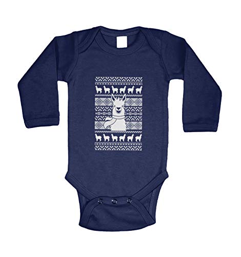 Haase Unlimited LLama Ugly Christmas Sweater Pattern - Long Sleeve Bodysuit (Navy Blue, 12 Months)
