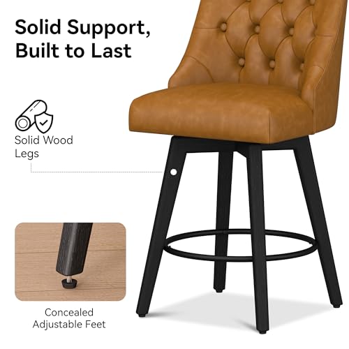 Image of Counter Height Swivel Bar Stools Set of 2, 26 inch H Seat Height Upholstered Fabric Counter Stools with Back for Kitchen Island, Faux Leather in Rustic Brown
