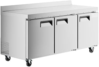 72-Inch Commercial Worktop Refrigerator, 3-Door Stainless Steel with 3.5-Inch Backsplash, 21.13 Cu. Ft Capacity, Digital Temperature Control, 33-40°F Range