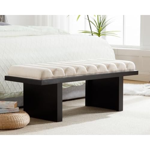 CIMOTA Modern Bedroom Bench, 47 Inch Upholstered End of Bed Bench Padded Entryway Bench with Cylindrical Cushion/Black Wood Legs, Wooden Window Bench for Living Room/Hallway, Linen Beige