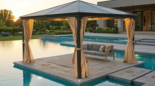 Jet-Line Alu Pavillon 3x3 Pergola Aluminium Suez Garten Überdachung Wasserabweisend Outdoor Hardtop Gartenpavillon Stabiles 6 mm Polycarbonat-Dach Stabil Winterfest mit Vorhänge und Moskitonetz Braun