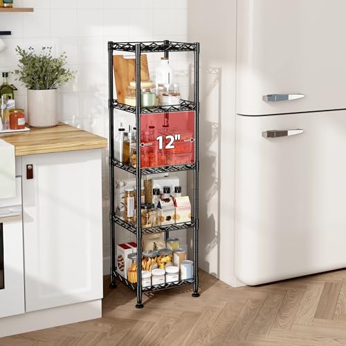 Image of 5 Tier Metal Shelving Unit Adjustable Storage Shelves Wire Shelves Storage Rack Standing Bathroom Shelf and Narrow Small Shelf for Kitchen Pantry Closet Laundry Dorm Office 12''Wx12''Dx49''H Black