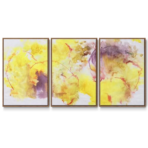 Renditions Gallery Abstract Wall Art Pink Yellow Flowers Painting Modern Colorful Floral Artwork Canvas Prints Wall Decorations for Bedroom and Bathroom-Walnut Floater Frame-16”x24”x3 Panels, LS015