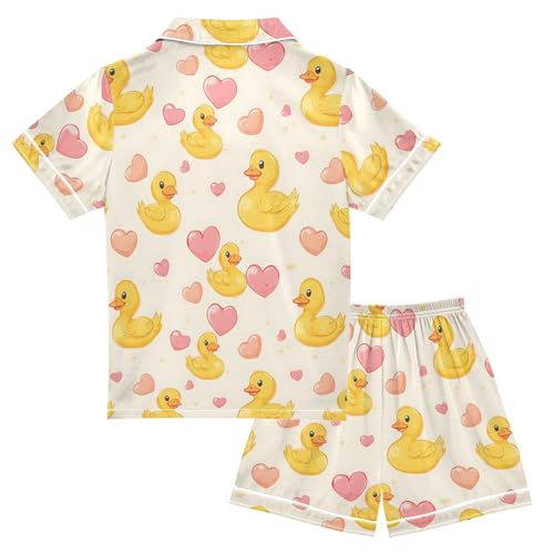 Duck Pink Hearts Pattern Summer Satin Pajama Set, Cute Button-Down Sleepwear Pj Set for Sleep Wears2