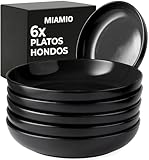 MIAMIO – Juego de 6 platos hondos de 900 ml / 22 cm para pasta/ensalada, plato hondo grande de cerámica - Colección Le Papillon (Negro)
