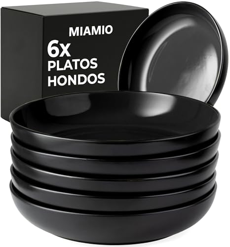 MIAMIO – Juego de 6 platos hondos de 900 ml / 22 cm para pasta/ensalada, cuencos de pasta anchos y poco profundos, plato hondo grande de cerámica - Colección Le Papillon (Negro)