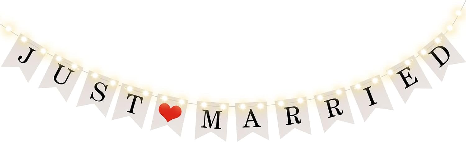 Just Married Banner, Wedding Bunting Banner with 8 Flicker Mode LED Fairy String Light, Hanging Sign Garland Pennant Photo Booth Props for Bridal Shower Wedding Engagement Car Party Decoration