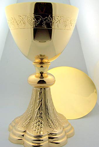 Grape & Wheat Church Chapel Gold Gild Priest Chalice & Paten Pastor Gift 8" Tall