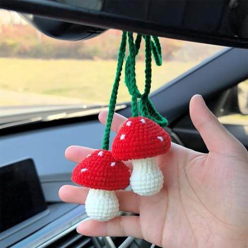 Crochet Red Mushroom Car Accessories, Handmade Knitted Car Rear View Mirror Hanging Accessories for Women Girls Gifts