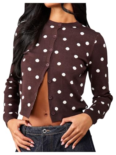 MakeMeChic Womens Polka Dots Cropped Cardigan Lightweight Long Sleeve Y2K Button Down Sweaters Multicolor Large