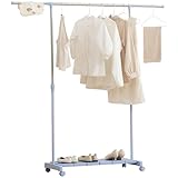 HOMCOM Tendedero Extensible con Ruedas, Tendedero de Ropa con Barra de Acero Inoxidable y Estante para Zapatos, Altura Ajustable, para Interior, Azul y Plata
