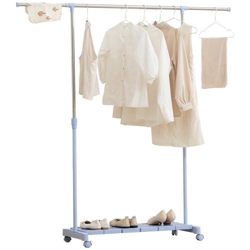 HOMCOM Tendedero Extensible con Ruedas, Tendedero de Ropa con Barra de Acero Inoxidable y Estante para Zapatos, Altura Ajustable, para Interior, Azul y Plata