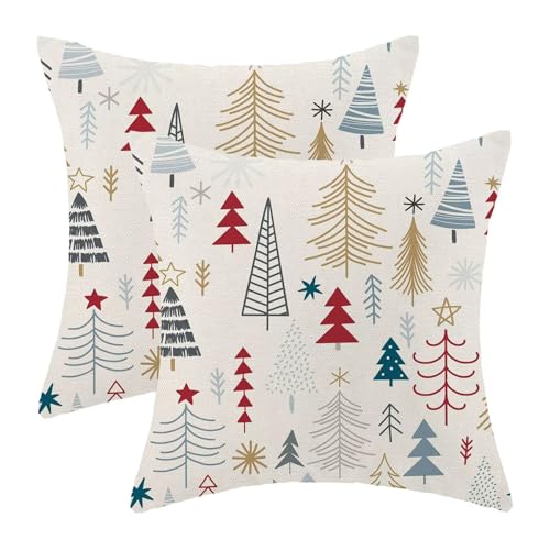 Christmas Pillow Covers 16 x 16 Inch Pack of 2, Colorful Geometry Christmas Trees Decorative Throw Pillow Linen Xmas Holiday Winter Cushion Case for Bedroom Home Sofa Decor