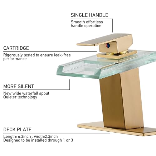 Image of AVSIILE LED Bathroom Sink Faucet, Brushed Gold, Waterfall, Open Glass Spout