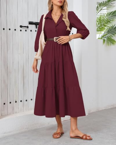 Image of Women Button Down Maxi Shirt Dress Long Sleeve Flowy Tiered Collared Dresses with Pockets