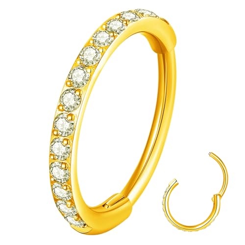 Popuhoops 20g 8mm Clear CZ Nose Ring Hoop 316L Surgical Steel Seamless Gold Septum Ring Clicker Cartilage Earring Ear for Women Men Helix Rook Lobe Conch Tragus Daith Hinged Piercing Jewelry