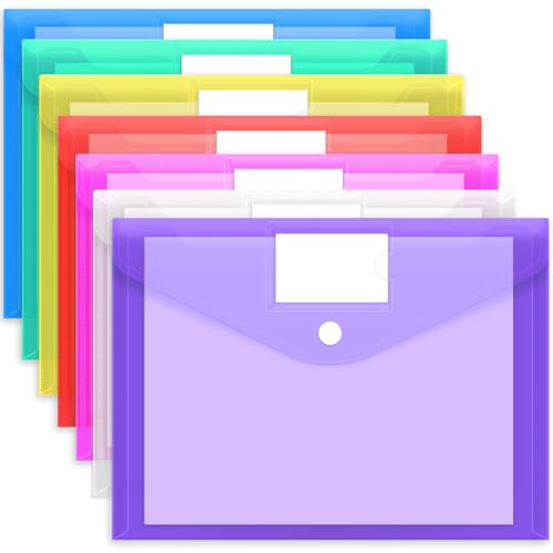 EOOUT 7pcs Plastic Envelopes Poly Envelopes, Clear Document File Folders with Hook & Loop Closure, A4 Size with Label Pocket for School Home Work Office Organization