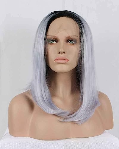 Yinuozhogntian Natural Purple Bob Wig for Women Shoulder Length Pastel Taro Ombre Dark Roots Heat Resistant Fiber Synthetic Lace Front Wigs for Women Female Summer Haircut Replacement Short Bobs 14"