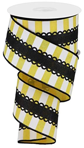 Craig Bachman Imports 2.5 inch Wired Ribbon Royal Lace Horizontal Stripe White and Yellow 10 Yard Roll Professional Wreath Making Supplies