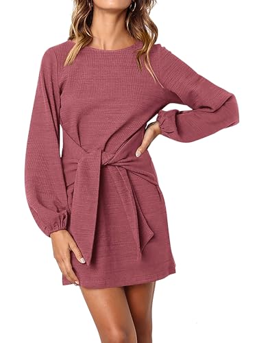 Image of PRETTYGARDEN Womens Spring Elegant Long Lantern Sleeve Short Dress Wedding Guest Crewneck Tie Waist Knit Cocktail Dresses