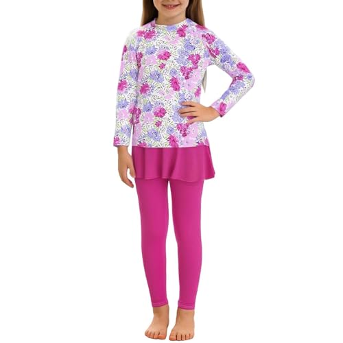 Girls Rash Guard Swimsuits Floral Print Long Sleeve 2 Piece Bathing Suit UPF 50+ Sun Protection Swimwear for 4-16 Years