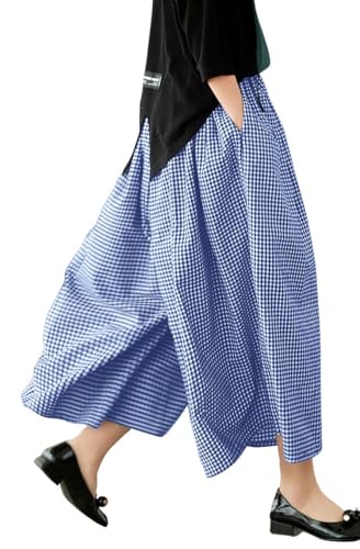 Image of chouyatou Women's Cotton Linen Pants Elastic Waist Plaid Gingham Wide Leg Capri Palazzo Pants