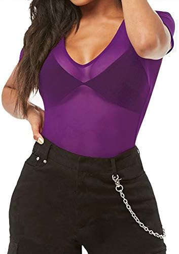 Allchic Womens Short Sleeve Sheer Mesh Tops Sexy See Through Tee Blouse Clubwears (V Neck Purple, Large)