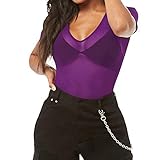 Allchic Womens Short Sleeve Sheer Mesh Tops Sexy See Through Tee Blouse Clubwears (V Neck Purple, La