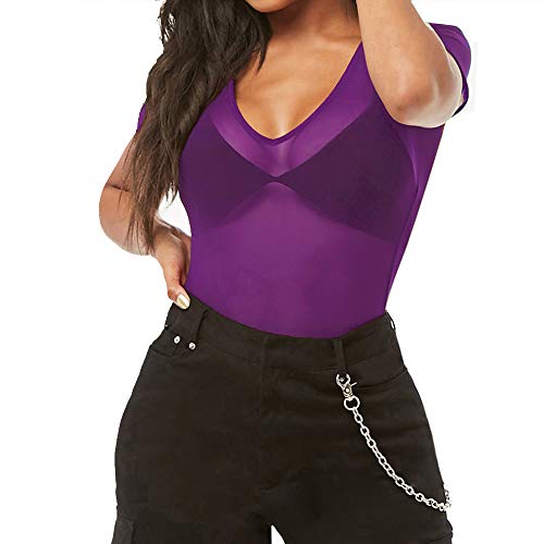 Allchic Womens Short Sleeve Sheer Mesh Tops Sexy See Through Tee Blouse Clubwears (V Neck Purple, Large) #TOP7