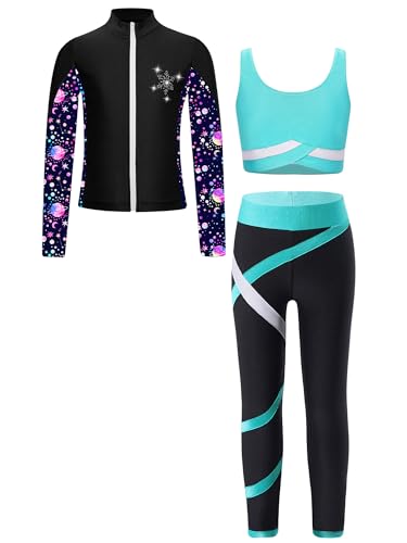 JIZYO - JIZYO Mädchen Trainingsanzug 3 teile Sportanzug Yoga Jogging Fitness Sportjacke Langarm Leggings mit Shorts und Sport BH Activewear Sets Kinder A Blau Grün 146-152
