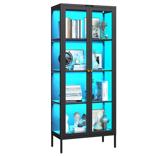 UNICOLY Display Cabinet with Glass Doors, Glass Display Cabinet with 8 Color LED Lights, Curio...