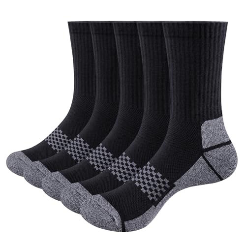 OUYJIA Men's Black Crew Sports Socks Moisture Wicking Cushioned Anti Odor Cotton Casual Work Everyday Golf Tennis Training Athletic Socks for Men Size 9-12 (5 Pairs)