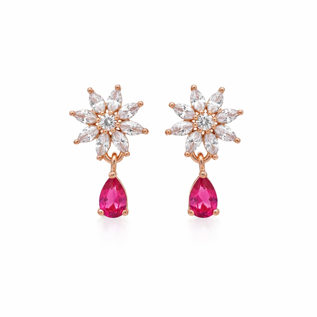 Fashion Floral Drop Style Rose Gold Plated CZ American Diamond Brass Earrings for Women (E3431Q)-image-46