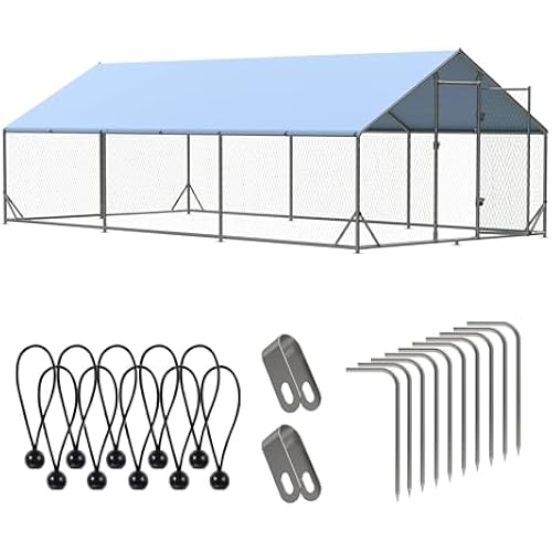 Outdoor Metal Chicken Coop,Metal Chicken Coop with Run,Walk-in Poultry Cage Spire-Shaped Chicken Run with Waterproof and Anti-Ultraviolet Cover for Outside,Backyard and Farm,19.6'x9.8'x6.4'