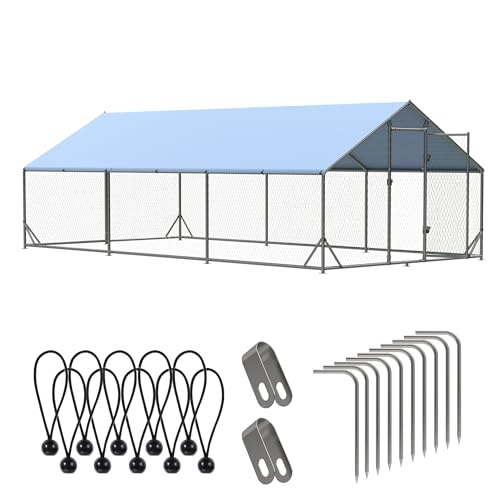 Outdoor Metal Chicken Coop, Metal Chicken Coop with Run,Walk-in Poultry Cage Spire-Shaped Chicken Run Small Animal Pens with Waterproof and Anti-UV Cover for Outside,Backyard and Farm,19.6'x9.8'x6.4'