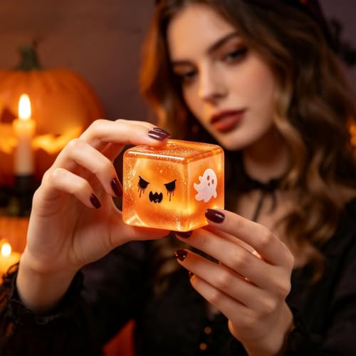 Halloween Spooky Squeeze Cube Soft Gothic Stress Balls, Halloween Spooky Ghost Dumpling Squishies, Slow Rising Ghost Glitter Dumpling Cube Sensory Squeeze Toy Anxiety Relief Fidget For Adults, Oranges - Image 4