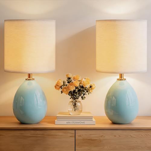 Image of Dawnwake 18.5 inch Table Lamp Set of 2 for Living Room Bedroom, Bedside Lamps for Night Stands, Desk Nightstand Lamp Dimmable, Modern Linen Cream Ceramic Lamps (Blue)