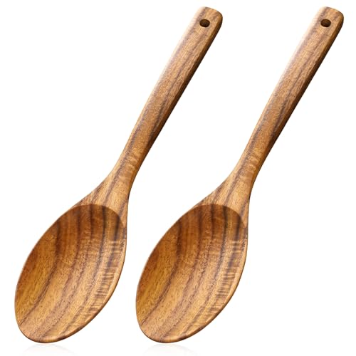 Wooden Cooking Spoons, 2 Pcs Natural Acacia Wood Serving Spoons, 12 Inch Large Mixing Spoon Wood Kitchen Utensil for Mixing, Baking, Serving and Stirring, Comfort Grip, Non-Stick Cookware Safe
