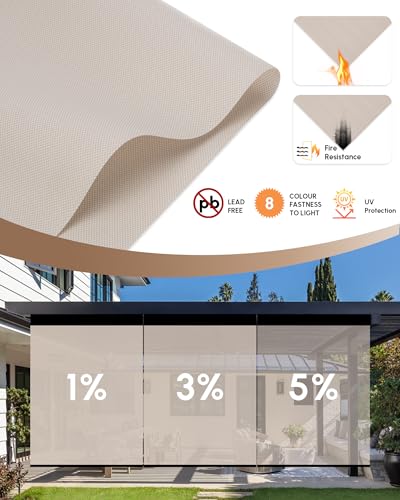 Image of Kincmo Motorized Outdoor Shades for Patio Porch, Custom Outdoor Motorized Blinds with Remote, Waterproof & Windproof Patio Shades Work with Apple Home,Alexa,Google (Beige-3% Openness)