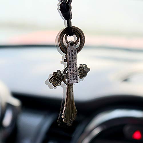 Inebiz Retro Alloy Cross Crucifixion Woven Cowhide Car Charm Interior Rearview Mirror Decoration Hanging Pendant Fashion Necklace (Bronze) #TOP2